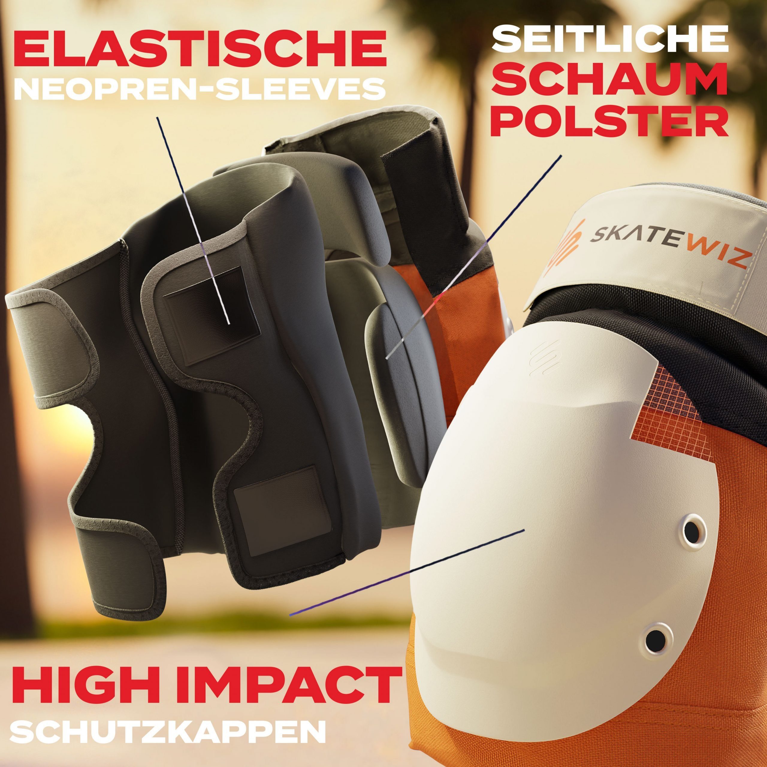 SKATEWIZ Protektoren-Set SHIELD - Skateboard Schonerset für Jugendliche und Erwachsene (Inliner Protektoren Damen Ellbogenschützer Herren, 7-tlg., Handschoner, Ellbogenschoner & Knieschoner Set), Rollschuhe, Schlittschuhe Damen & Skateboard