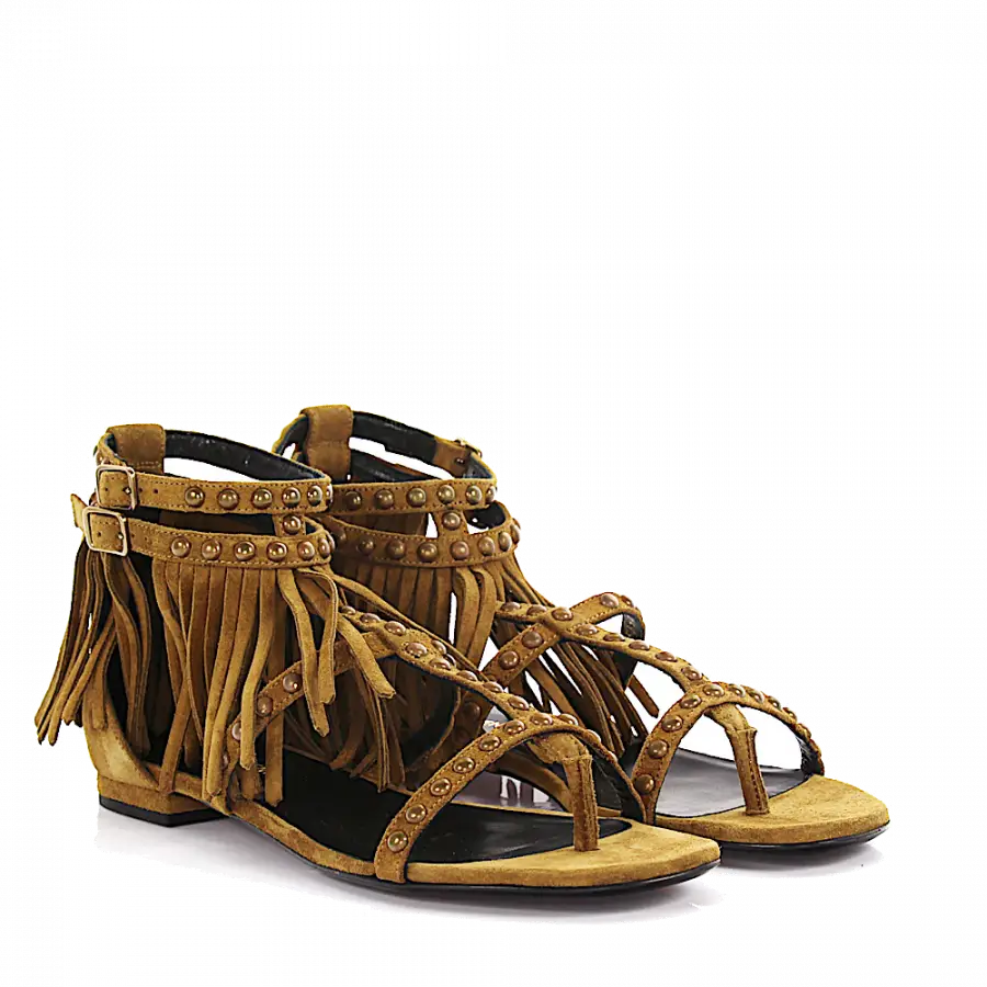 Saint Laurent - Riemchensandalen Veloursleder Fransen Nieten beige - beige
