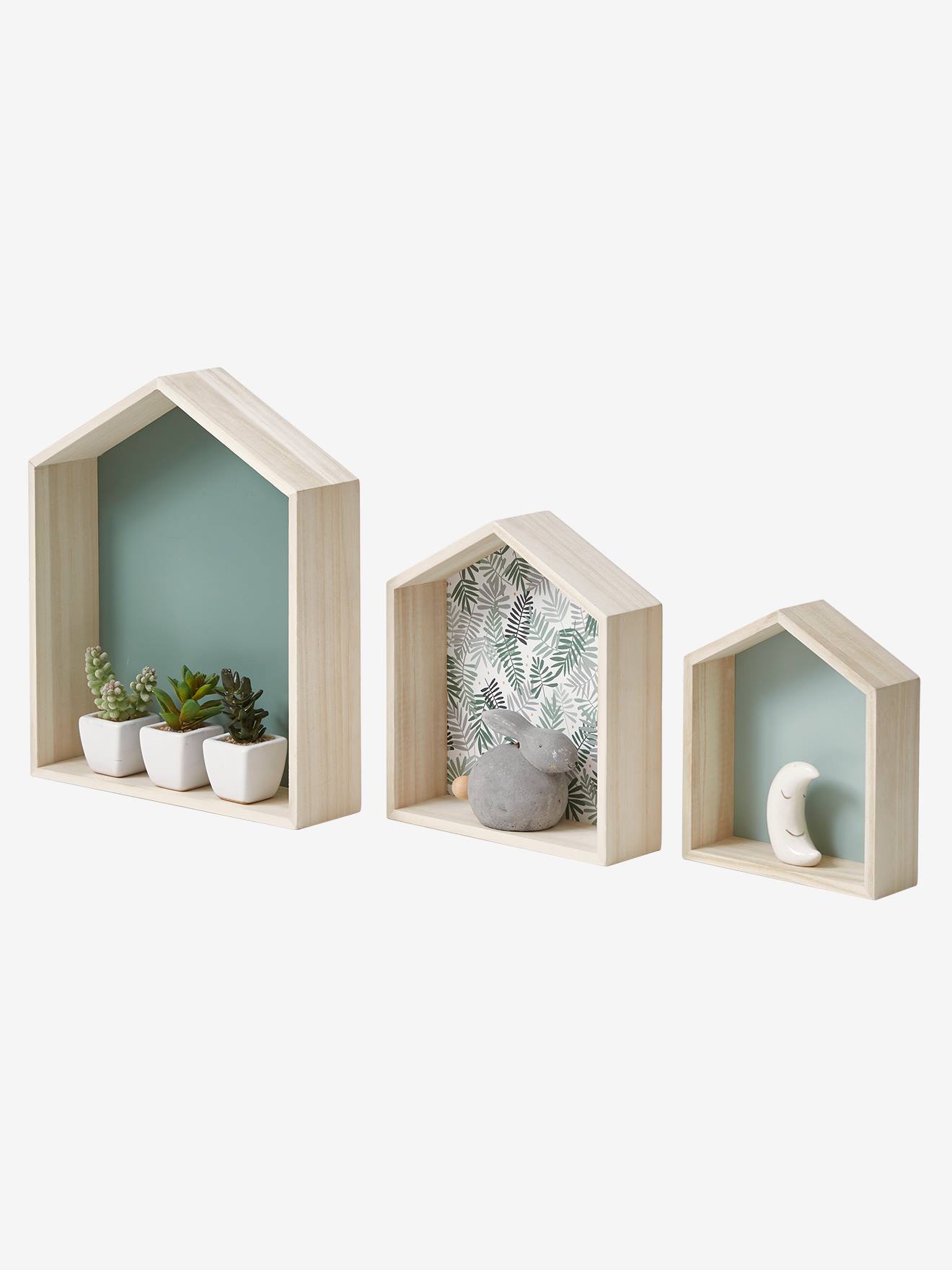 Lot de 3 étagères maison bois rose