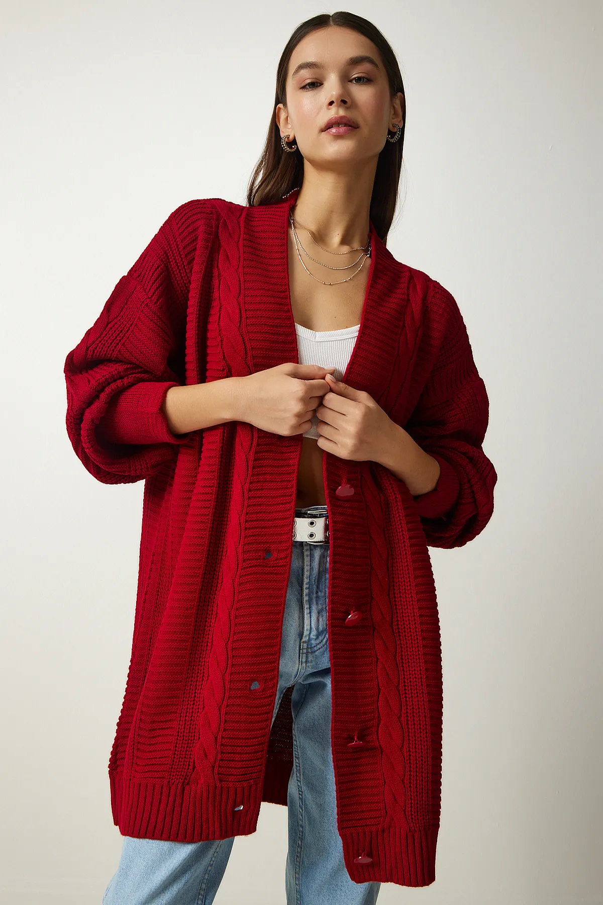 Happiness İstanbul  Roter Oversize-Strick-Cardigan mit Ballonärmeln für Damen DD01033