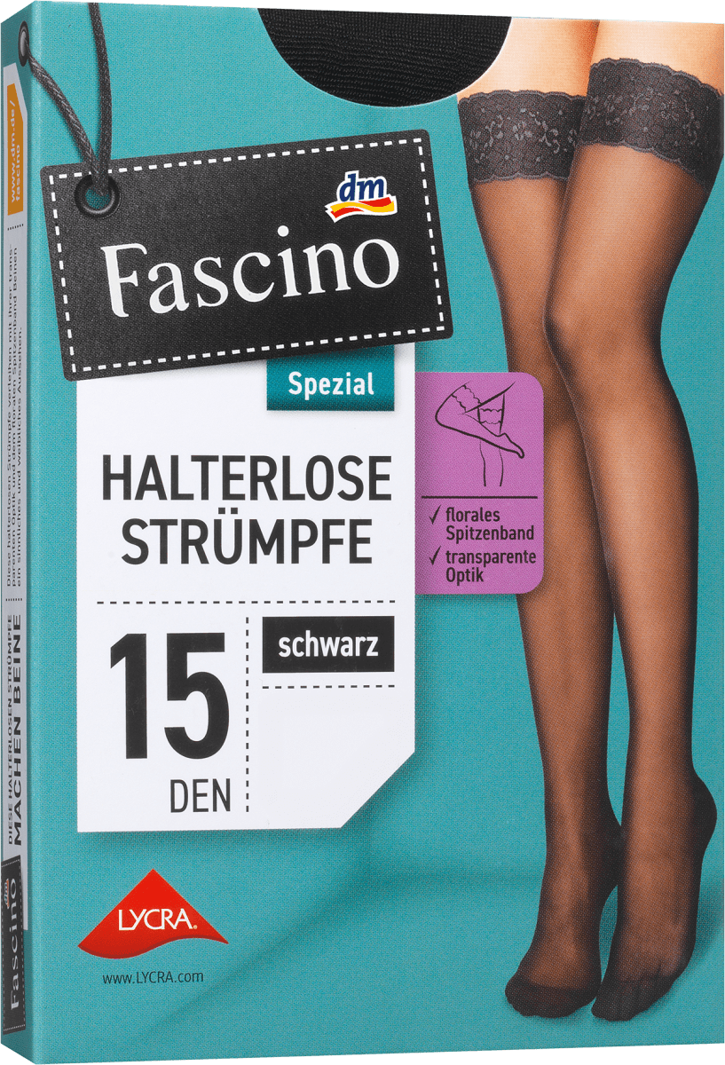 Halterlose Strümpfe mit Spitzenband schwarz Gr. 50/52, 15 DEN, 1 St