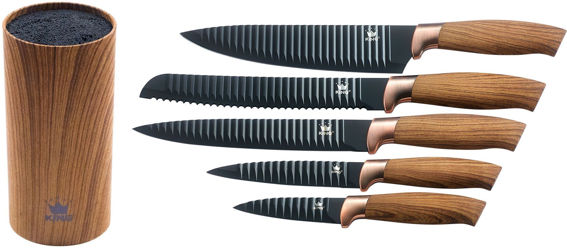KING Messerblock Essential (6tlg), Messer mit Wellenschliff, Griffe in Holzoptik, (5 Messer+ Messerblock)