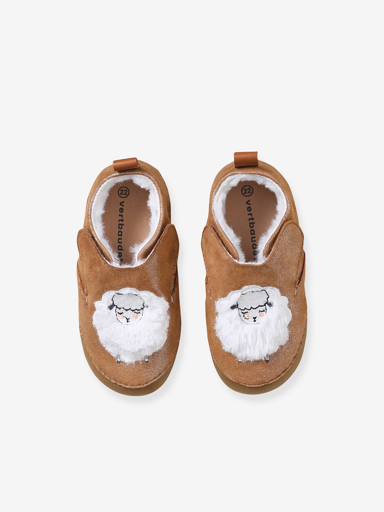 Chaussons fourrés bébé fille en cuir souple camel pailleté