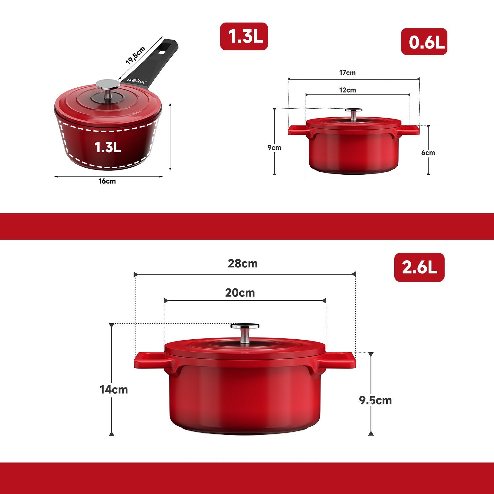 HOMELUX Topf-Set Rot Topf Induktions Kochtöpfe mit Deckel Suppentöpfe Set, Aluminium (6-tlg., für alle Herdarten), induktionsgeeignet