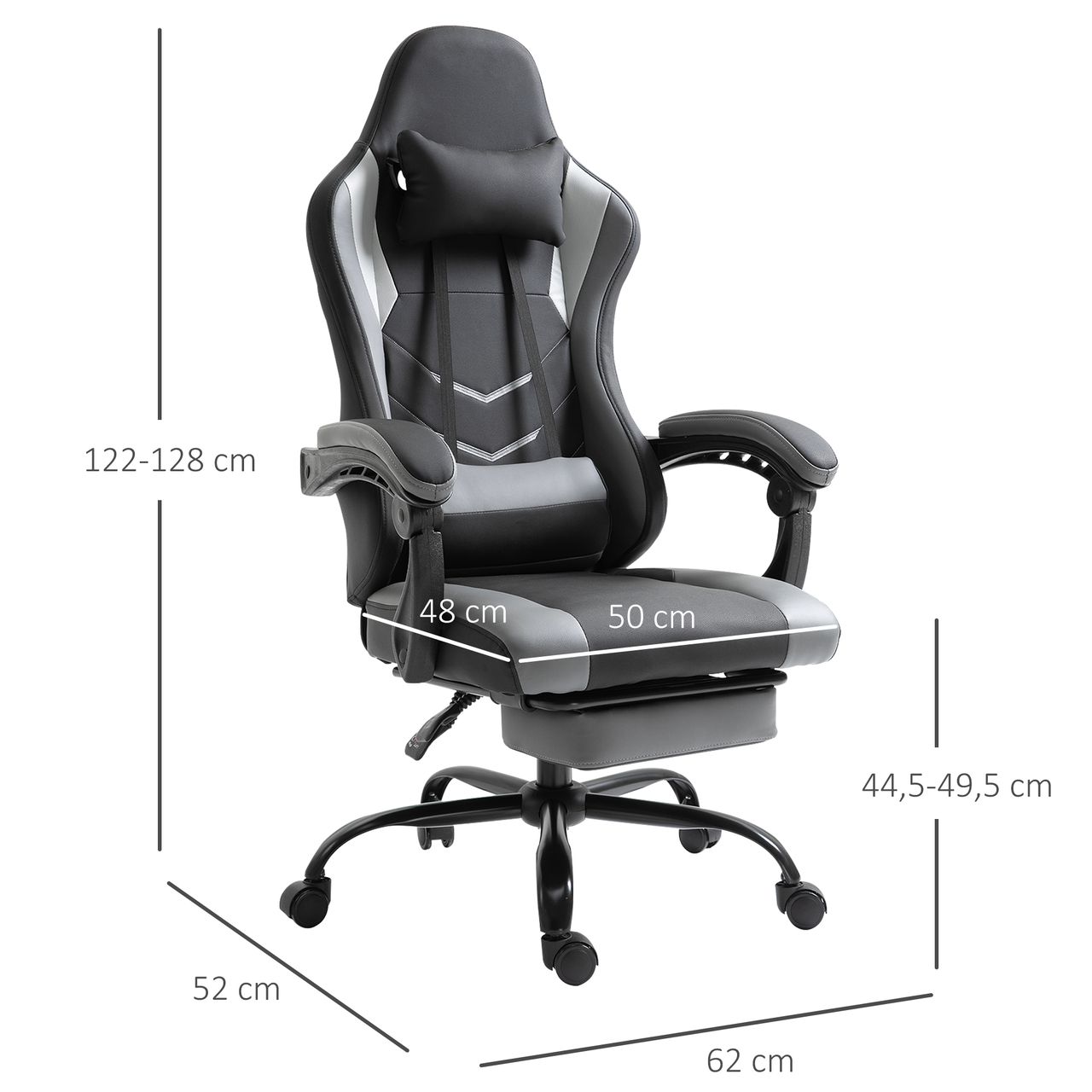 Vinsetto Ergonomischer Gaming Stuhl Bürostuhl Schreibtischstuhl, Drehstuhl Höhenverstellbar, Verstellbares Massage Lendenkissen mit Fußstützen Schwarz 62x52x128 cm