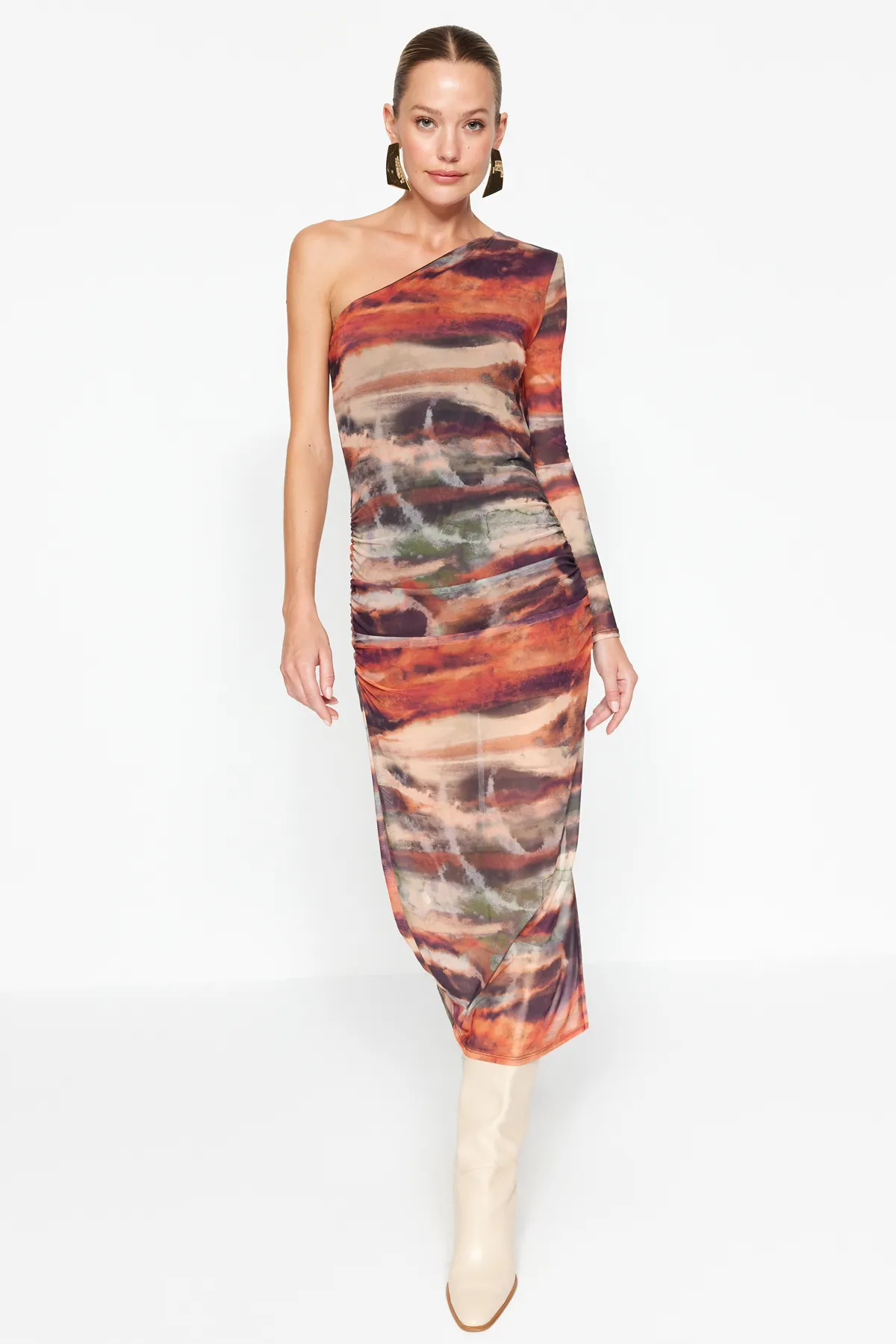 Trendyol Collection  Mehrfarbiges, figurbetontes, drapiertes One-Shoulder-Maxi-Strickkleid mit Tüllfutter TWOSS23EL01799