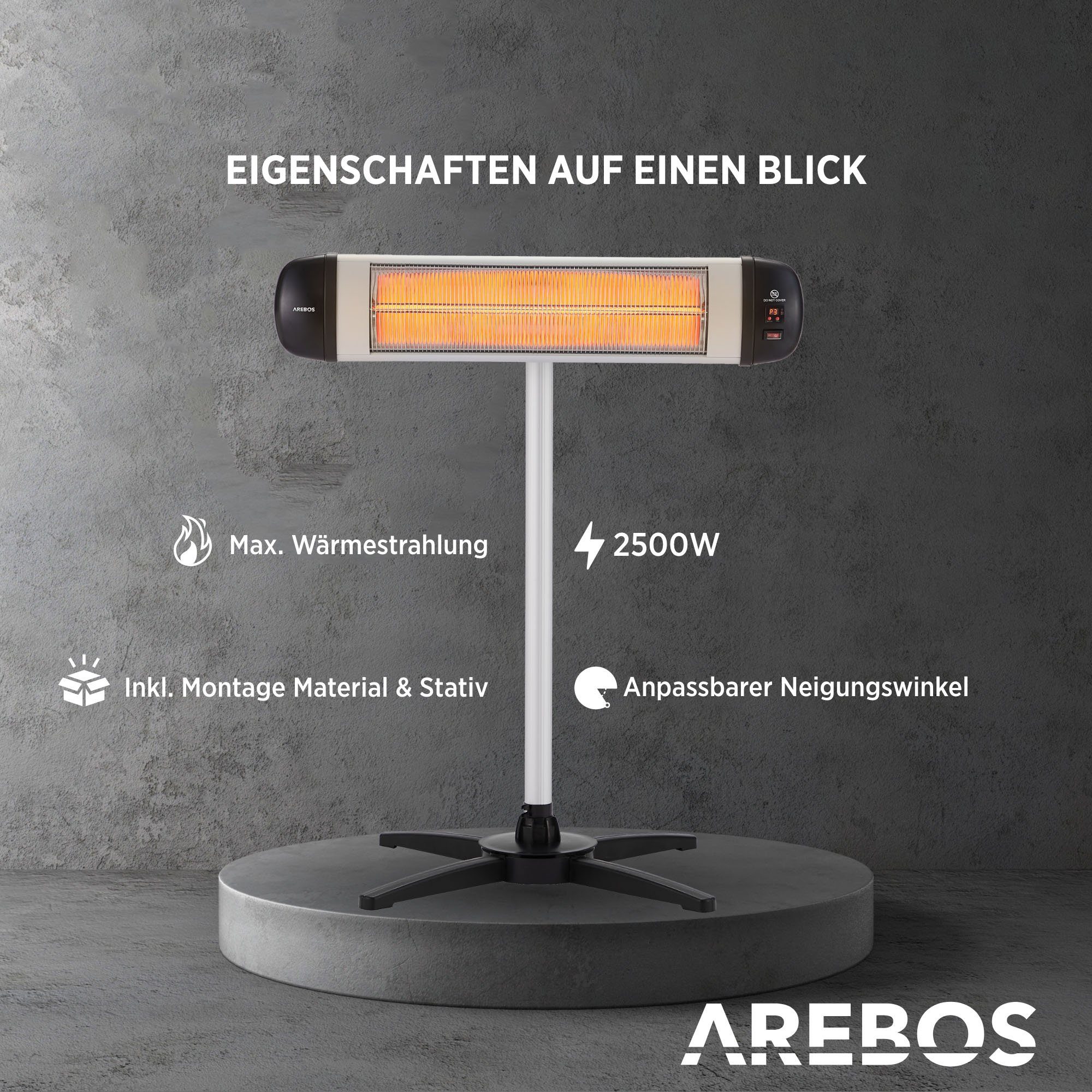 Arebos Heizstrahler Infrarot Heizstrahler 2500 W, mit Kreuzstativ
