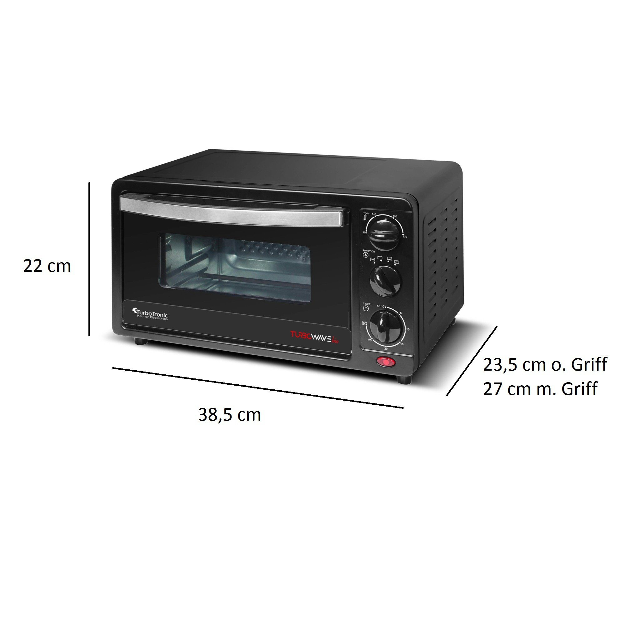 TurboTronic by Z-Line Minibackofen 14 Liter Schwarz, inkl. 1x Grillrost & 1x Backblech 1200W Camping, Pizzaofen 100-230°C Tischbackofen, Kleiner Ofen