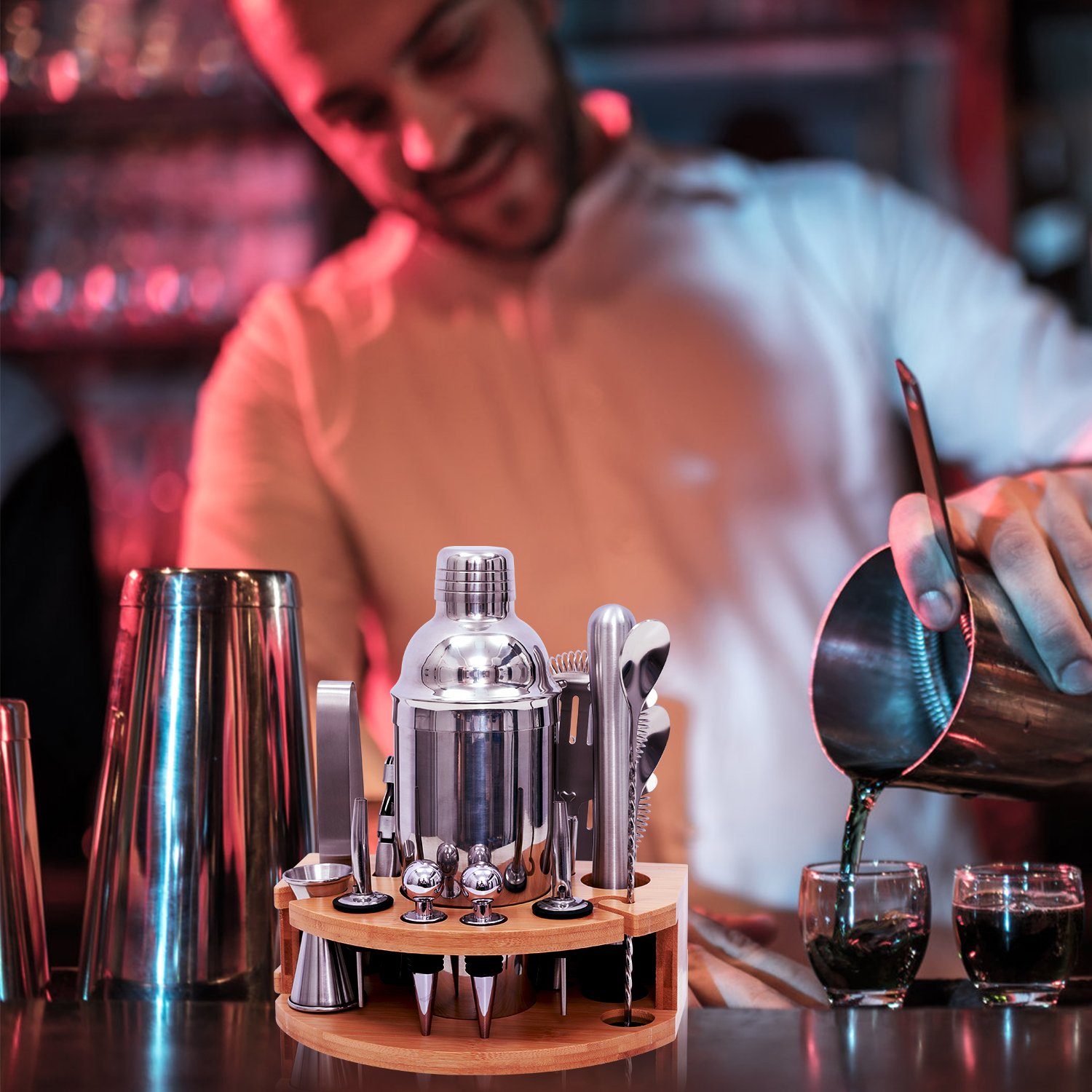 Kpaloft Cocktail Shaker, Edelstahl, (12-tlg), 750ml Shaker Set Bambusständer