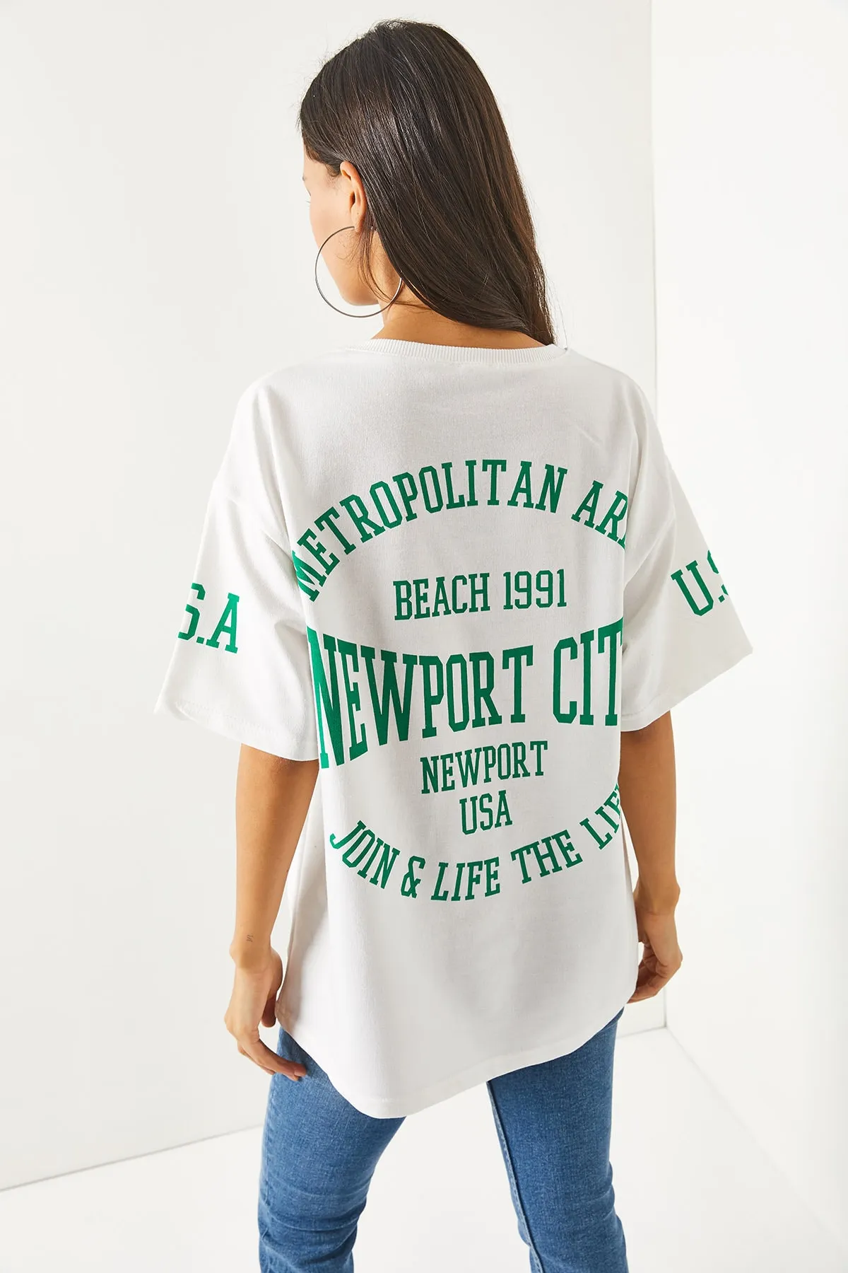 Olalook  Damen-T-Shirt Newport, weiß, vorne und hinten bedruckt, 2-fädig, Unisex-Übergröße-T-Shirt TSH-19000696