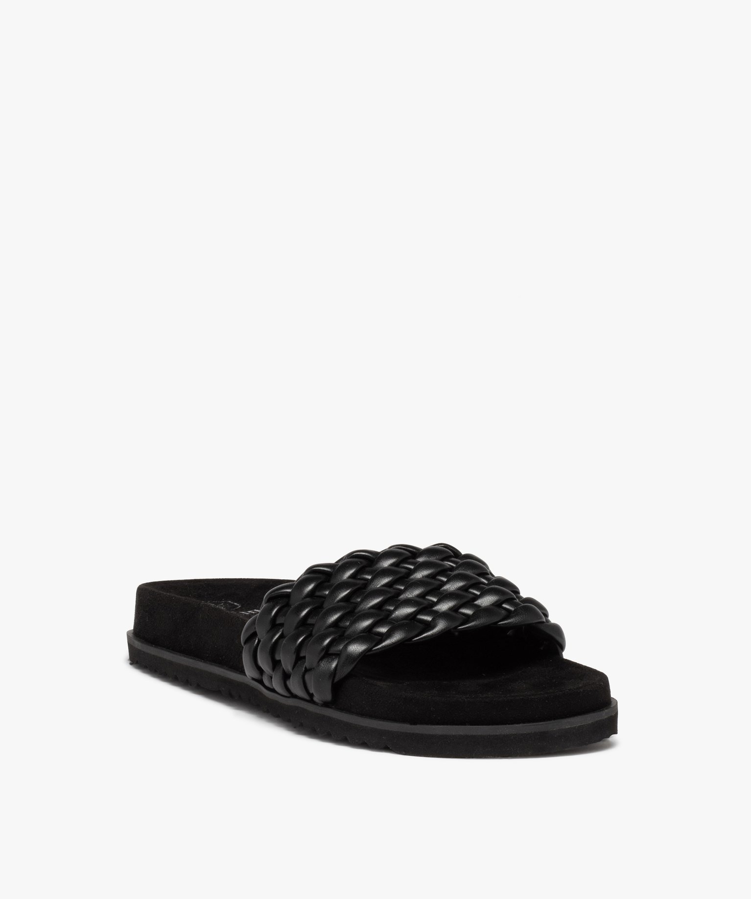 Mules femme à talon plat et bandeau tressé rembourré noir | GEMO