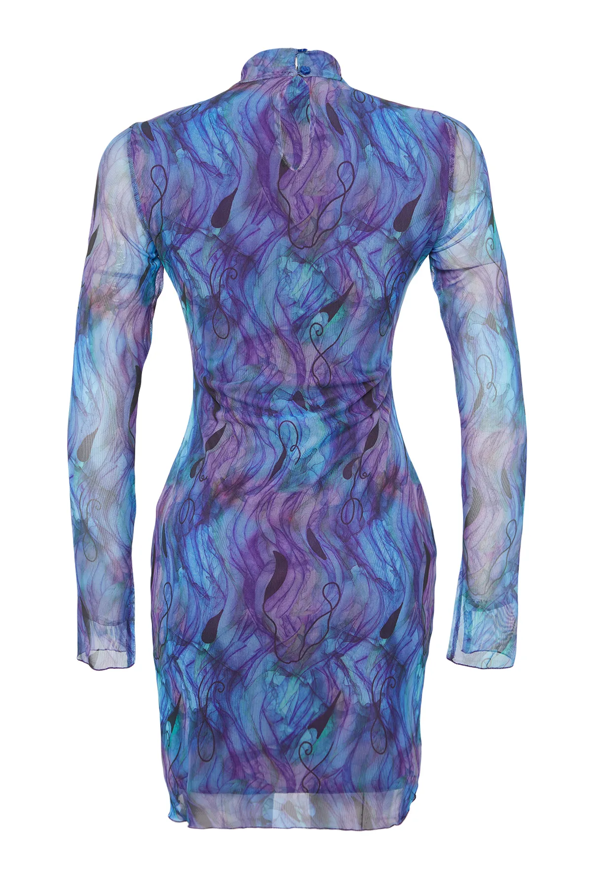 Trendyol Collection  Lilafarbenes Mini-Strickkleid mit hohem Kragen, bedruckten Rüschen und Tüllfutter TWOAW24EL00195