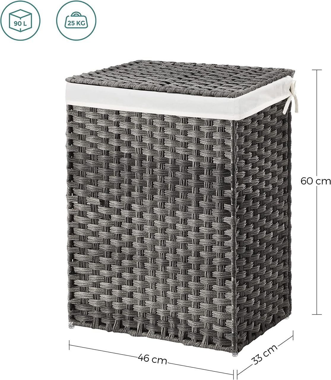 Songmics Wäschekorb, 45.5x32x61cm, grau