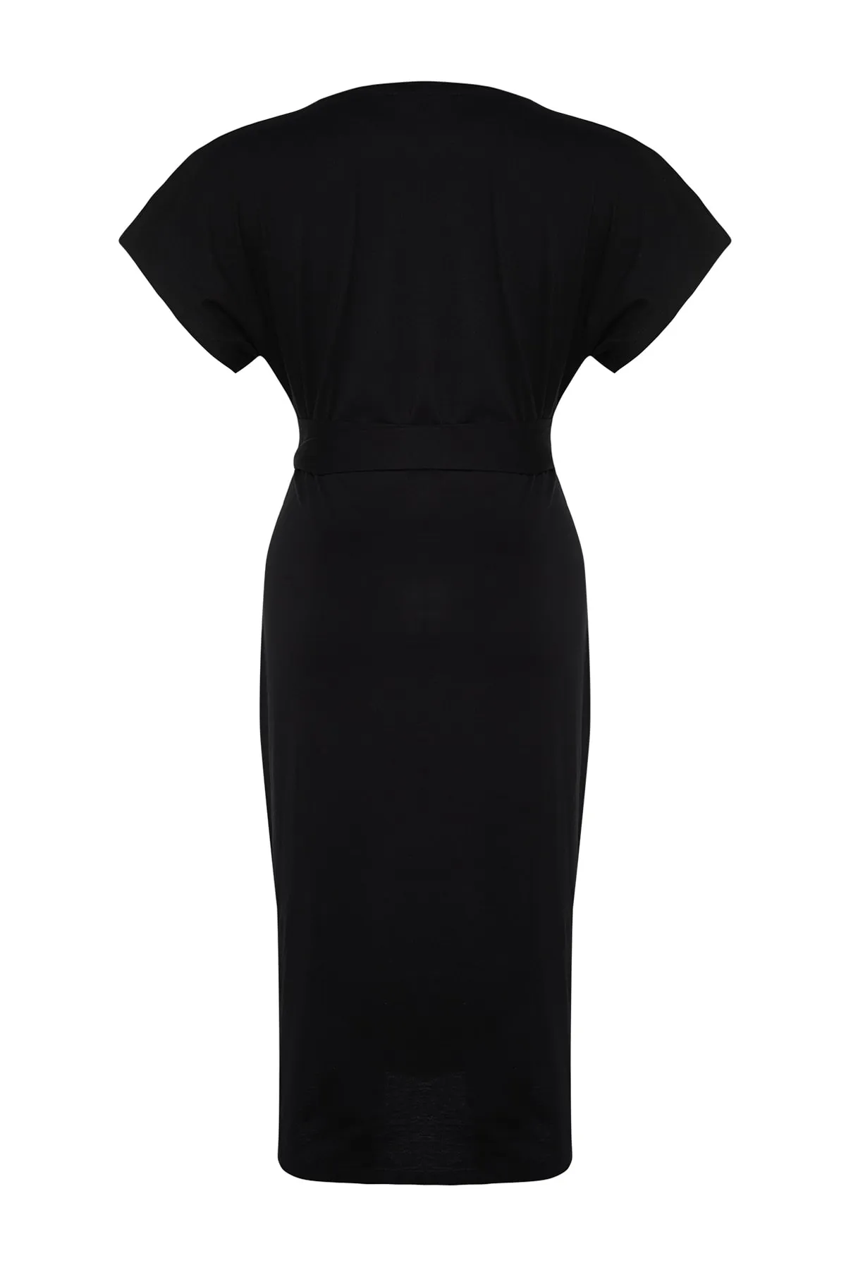 Trendyol Curve  Schwarzes, gerade geschnittenes Strickkleid mit Bindedetail und Schlitz TBBSS22EL1640