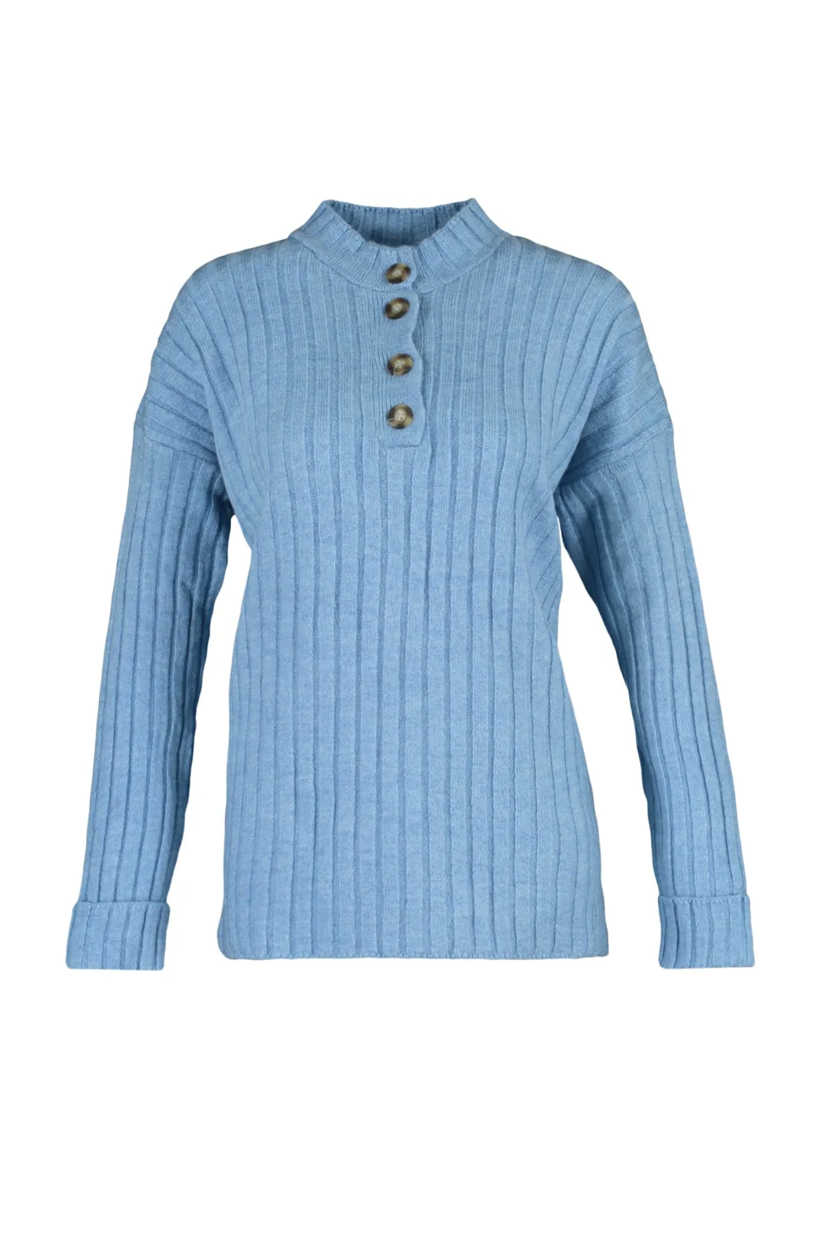 Trendyol Modest  Gerippter Strickpullover mit blauem Kragen und Knöpfen TCTAW23AK00035