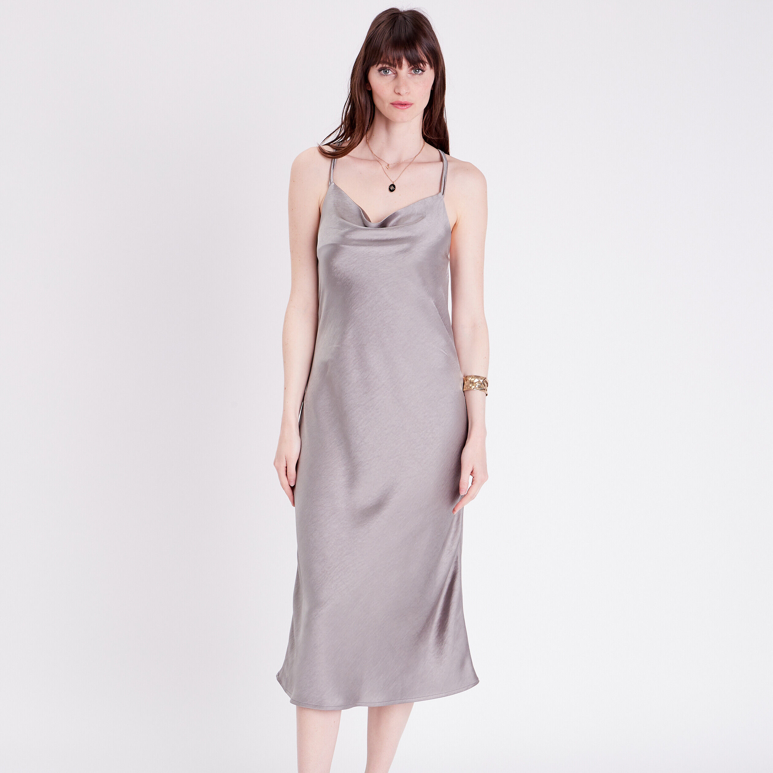 Robe midi moulante satin gris argent femme | Cache Cache
