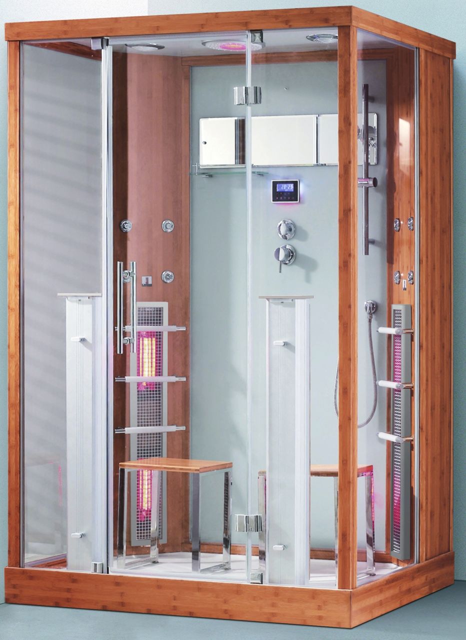 PureHaven 2in1 Dampfdusche und Infrarotsauna 145x90x215 cm Aluminiumrahmen komplettem Zubehör Tropenbrause Sitzfläche Radio Massagefunktion holzfarben