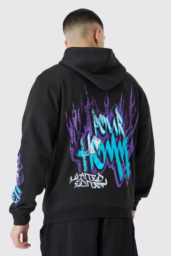 Hoodie mit Graffiti Flammen Print und Reißverschluss