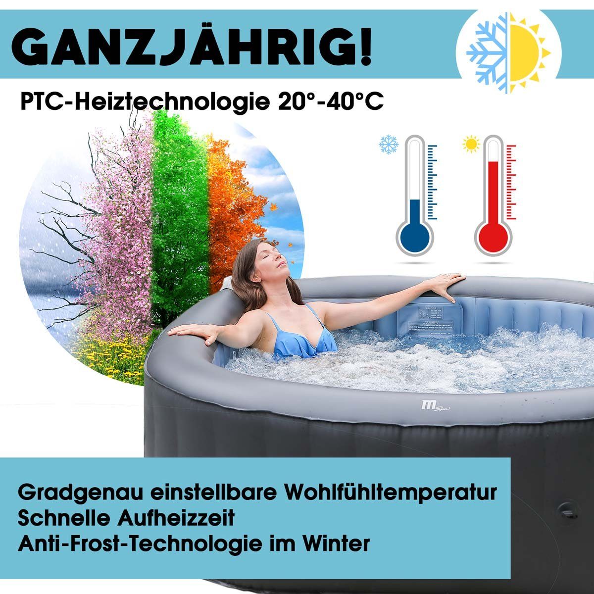 mSpa Whirlpool BRAST aufblasbar Otium für 6 Personen 185x185x68cm In- Outdoor Pool, (125 Massagedüsen Timer Heizung Aufblasfunktion per Knopfdruck), Bubble Spa Wellness Massage
