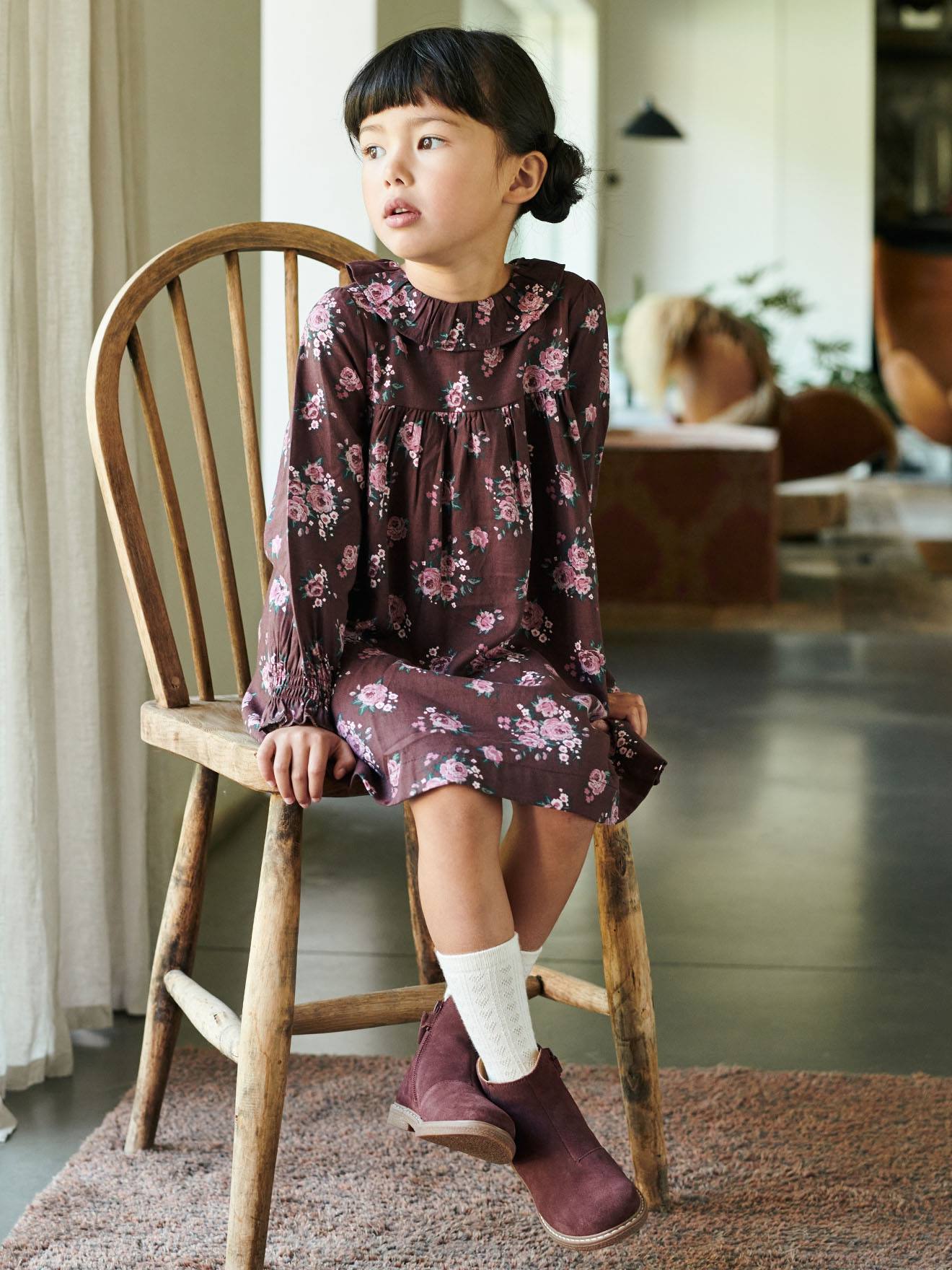 Robe à collerette imprimée fleurs fille dark prune imprimé