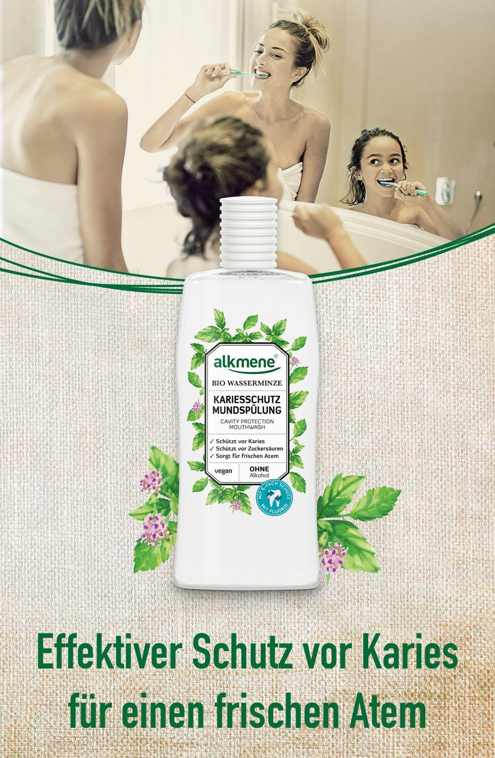 alkmene Munddusche Mundspülung Bio Wasserminze - Mundwasser vegan mit 6-fach Schutz