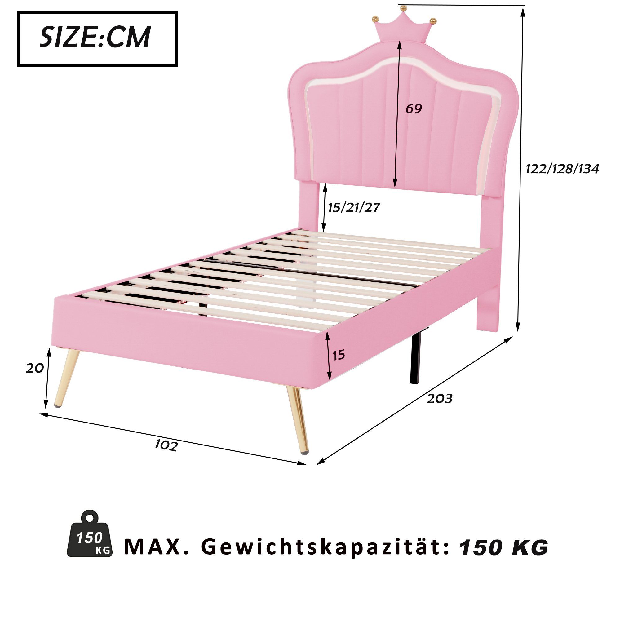 Flieks Polsterbett, LED Beleuchtung Krone Kunstleder Kinderbett 90x200cm rosa