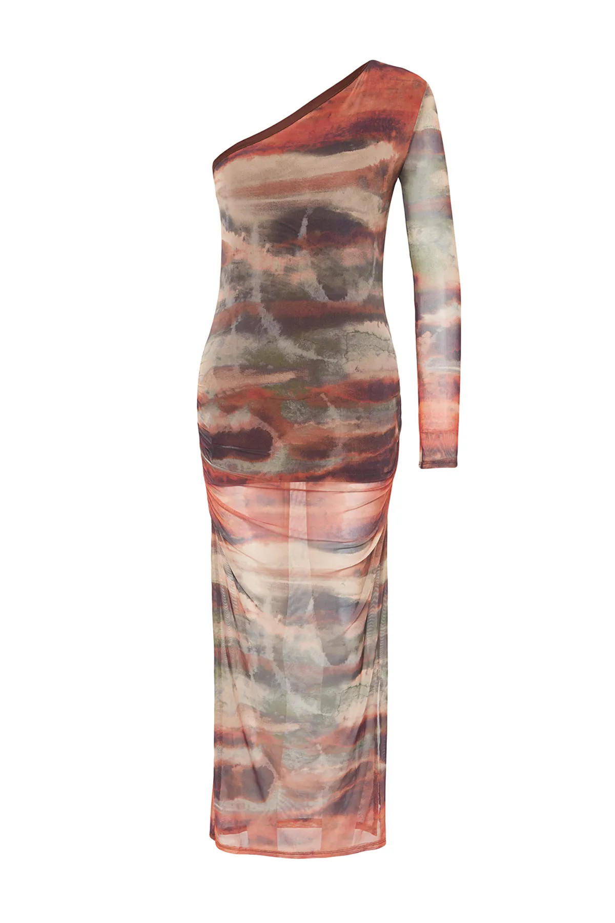 Trendyol Collection  Mehrfarbiges, figurbetontes, drapiertes One-Shoulder-Maxi-Strickkleid mit Tüllfutter TWOSS23EL01799