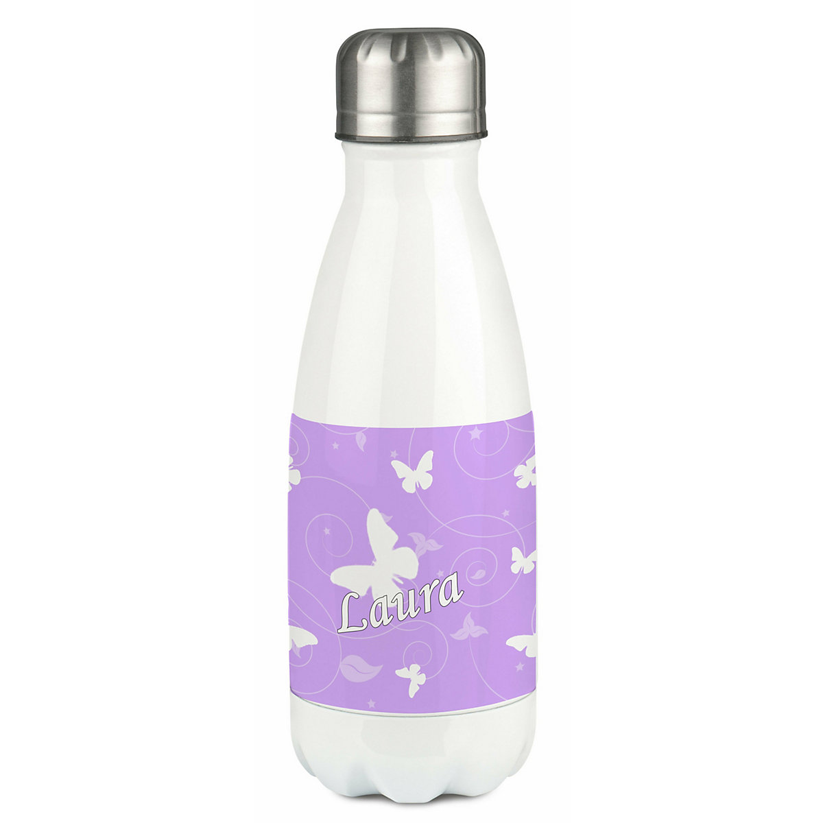 Edelstahl Kinder Thermoflasche / Trinkflasche bunt Schmetterling Ornamente Farbe flieder Spülmaschinenfest, Auslaufsicher, Bruchfest, Doppelwandig, Für Heißgetränke geeignet, Mit Deckel, Isoliert