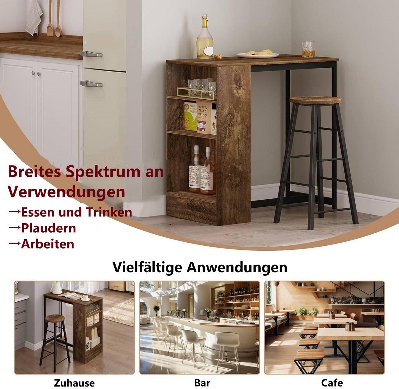 Woltu Bartisch (1-St), mit 3 Regalfächern, aus Holzwerkstoff 91x49x91 cm