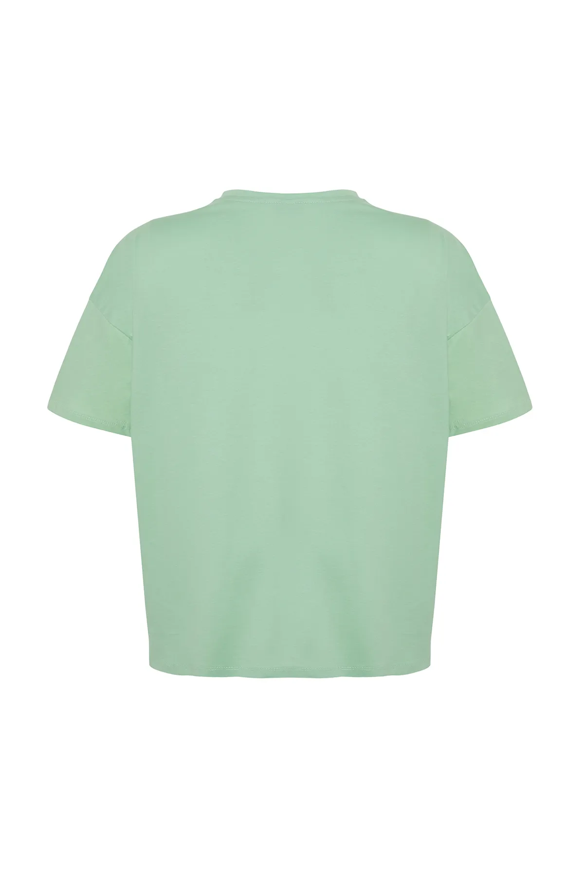 Trendyol Curve  Mintfarbenes, bedrucktes Strick-T-Shirt mit Rundhalsausschnitt und weiter Passform TBBSS23BF00015