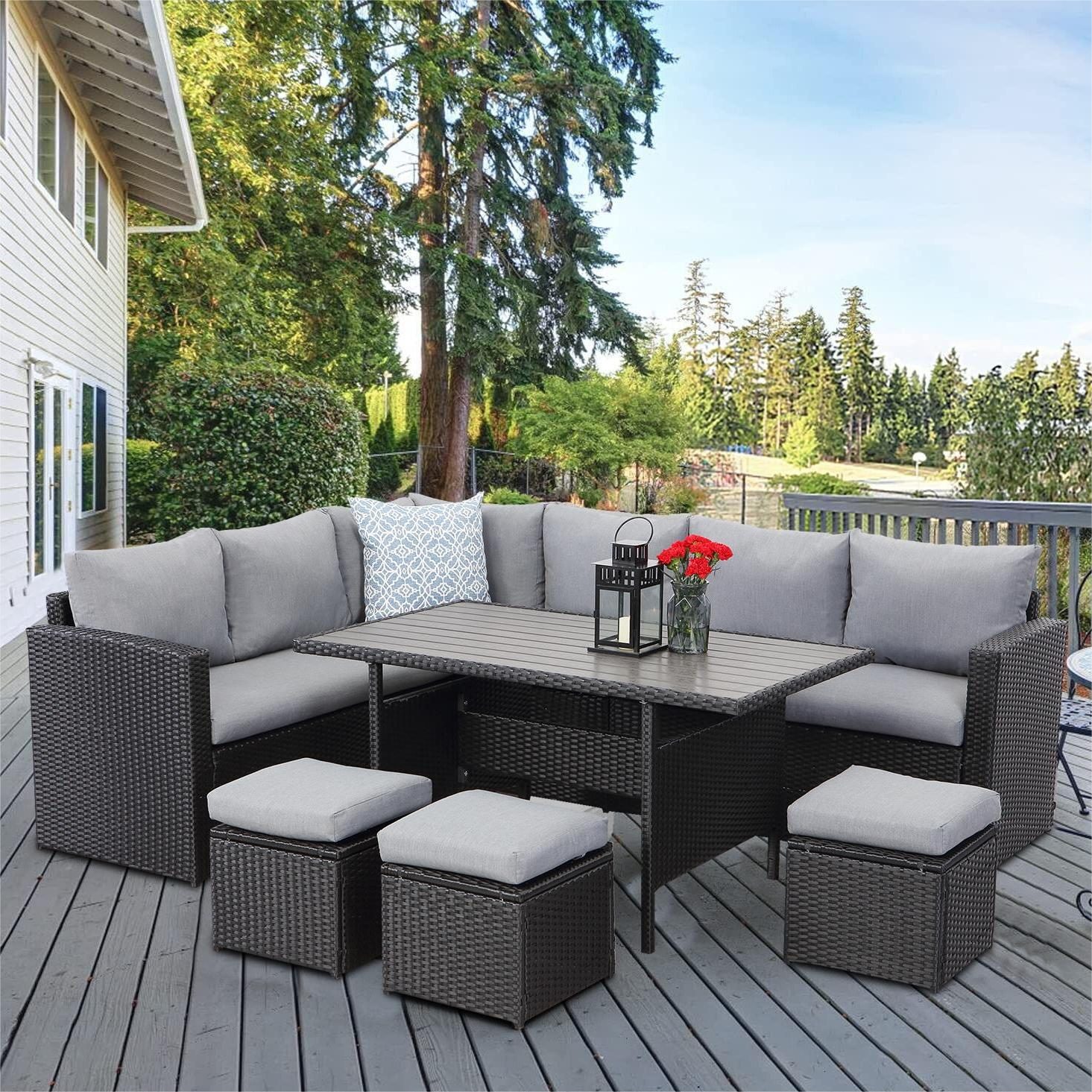 MeXo von GLP HOME Loungeset Gartenmöbel Set sale aus Polyrattan, Gartenloungeset, Sitzgruppe, (Gartengarnitur, Loungeset mit Kissen, 2-Sitzer, Ecksofa, Esstisch, 3 Hocker), Sitzgarnitur Terassenmöbel wetterfest für 6-10 Personen