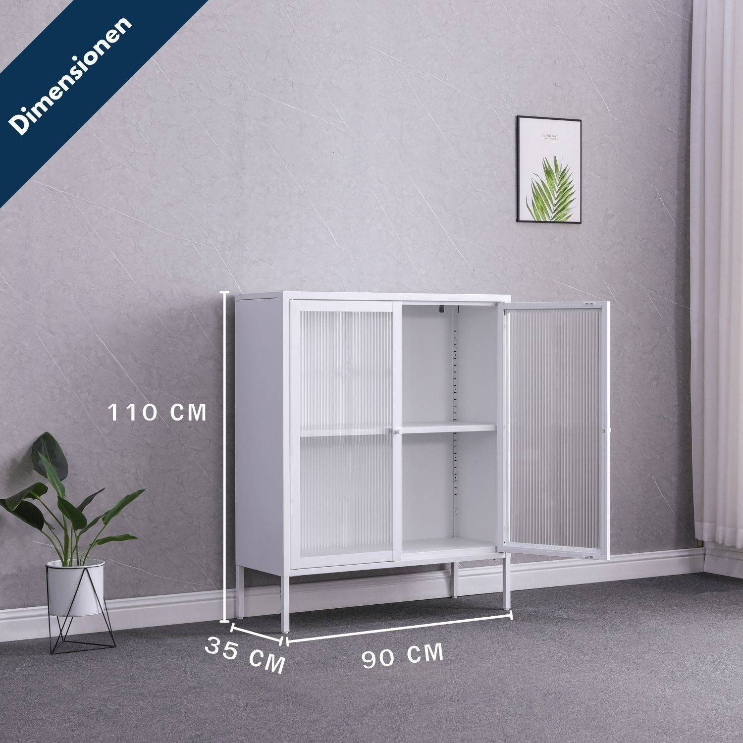 Coemo Highboard, Tokio Weiß Metall, 2 Glastüren, Einlegeboden - langlebig & elegant