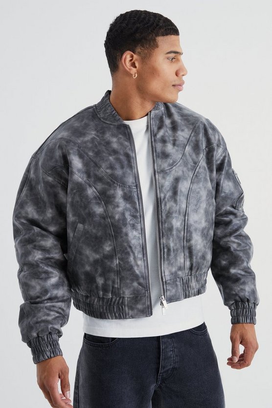 Kastige gepolsterte PU-Bomberjacke mit Naht-Detail