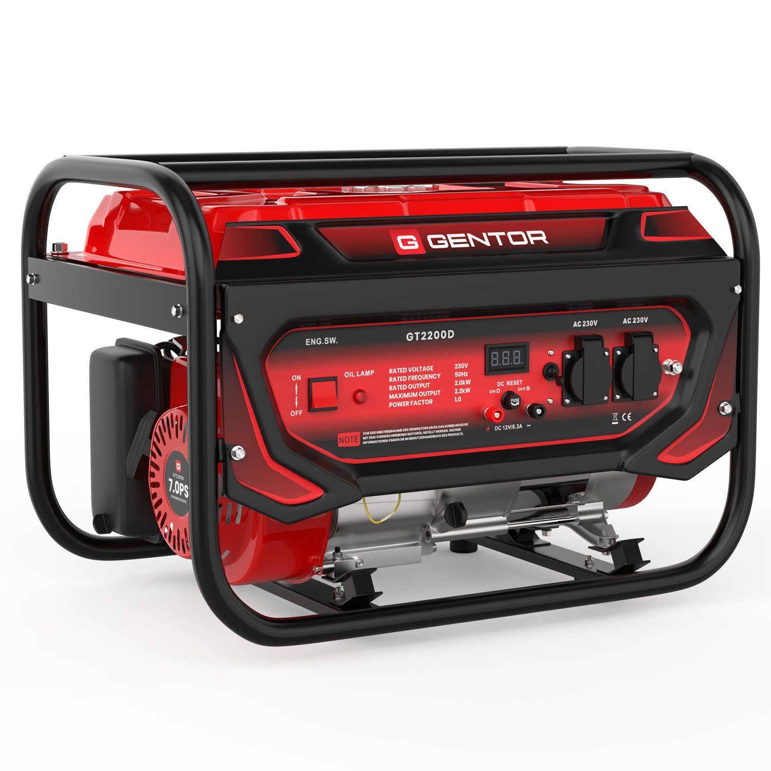 GENTOR Stromerzeuger 4-Takt 7 PS 2200 W GT2200D Stromerzeuger leise Generator Stromgenerato, 4,8 in kW, (Komplett-Set), Benzin Generator Stromerzeuger 2200 Watt 230V Steckdose