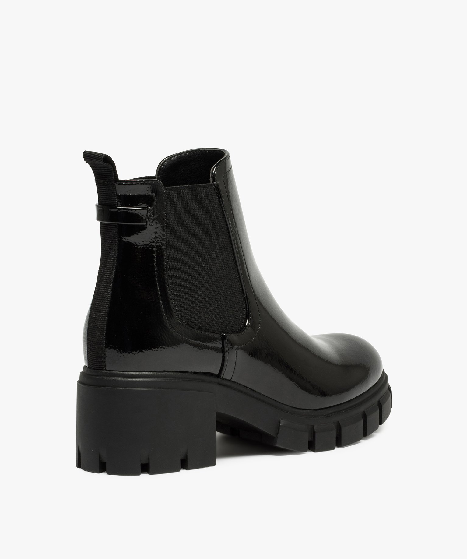 Boots femme à talon carré et semelle crantée dessus verni noir | GEMO