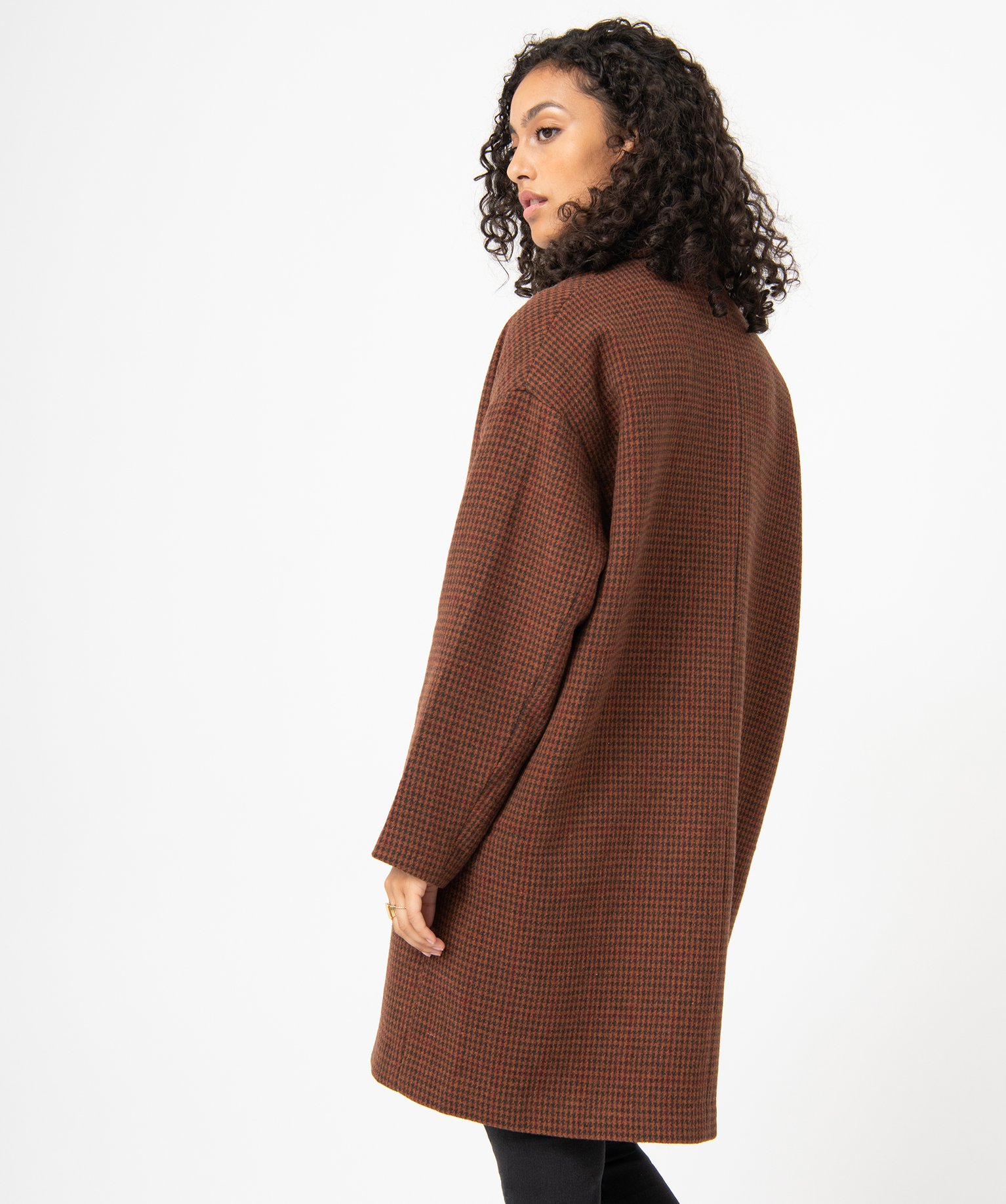 Manteau femme en drap de laine motif pied-de-poule orange | GEMO