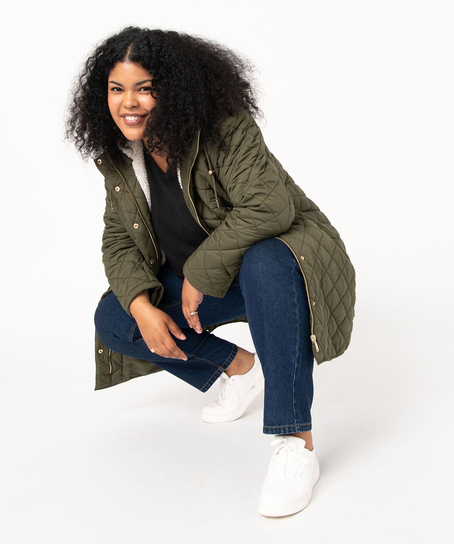 Manteau matelassé à capuche femme grande taille kaki | GEMO