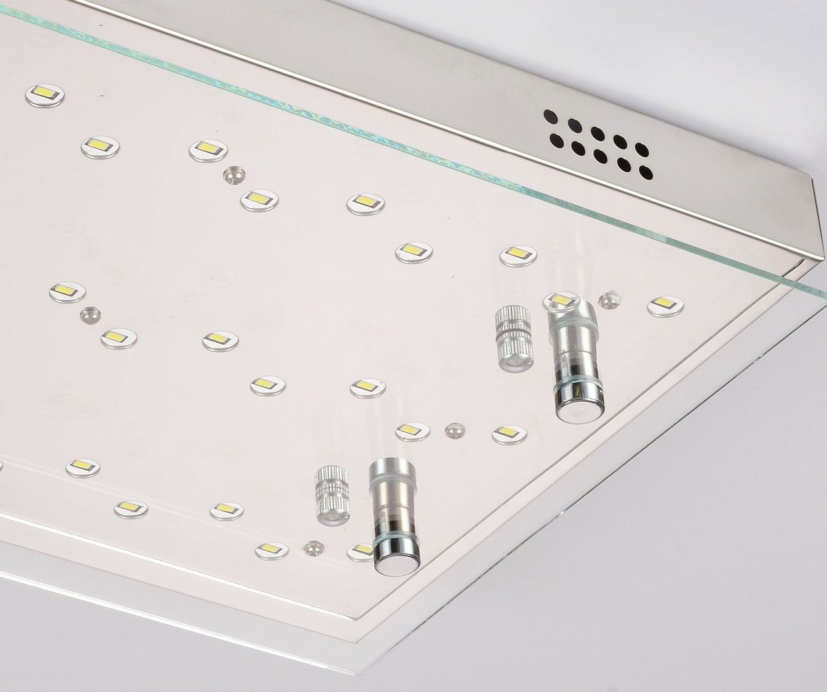 Lewima LED Deckenleuchte Boomer, aus Glas und polierten Edelstahl flach 25x35cmx6cm 18W, Warmweiß, Silber, auch für Bad Zone 3