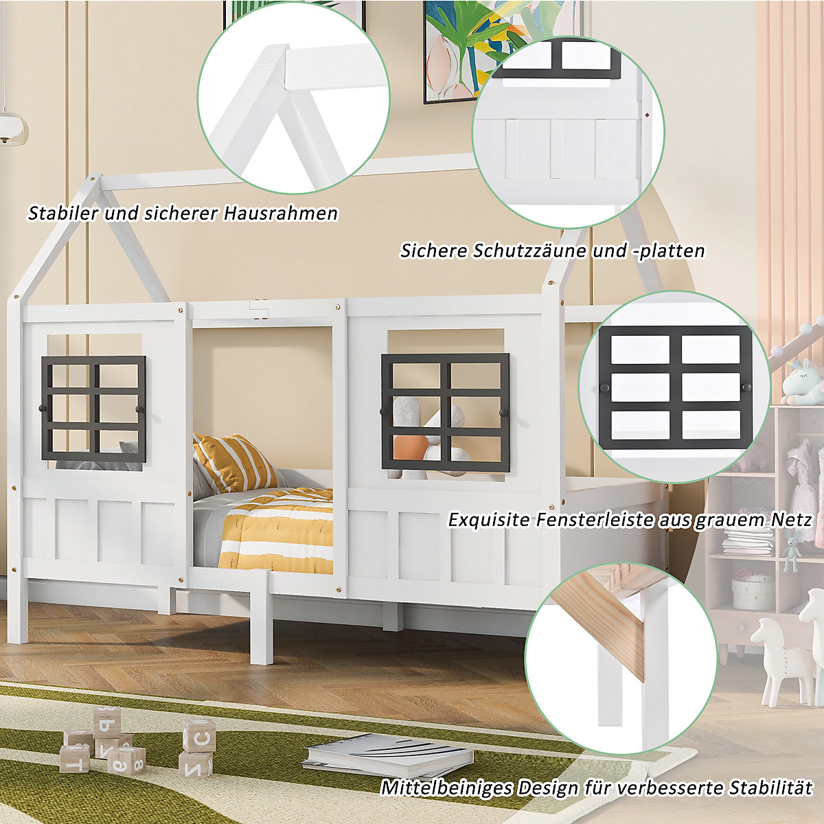 Hausbett 90x200 cm mit Rausfallschutz und Fenstern, Kinderbett Kiefer
