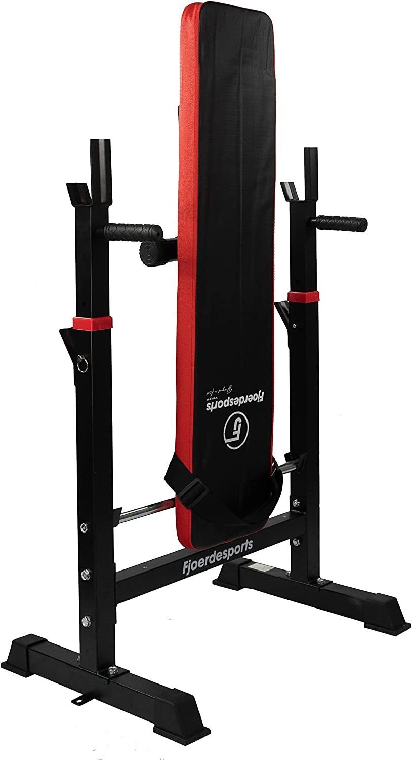 Fjoerdesports Hantelbank Faltbare Hantelbank mit Ablage für Langhantel & Dip-Station, (Trainingsbank mit Polsterung, Krafttrainingsbank, Bankdrücken, Fitness, Workout, Krafttraining, Hanteltraining, Liegestütze, verstellbare Lehne, bequeme Polsterung