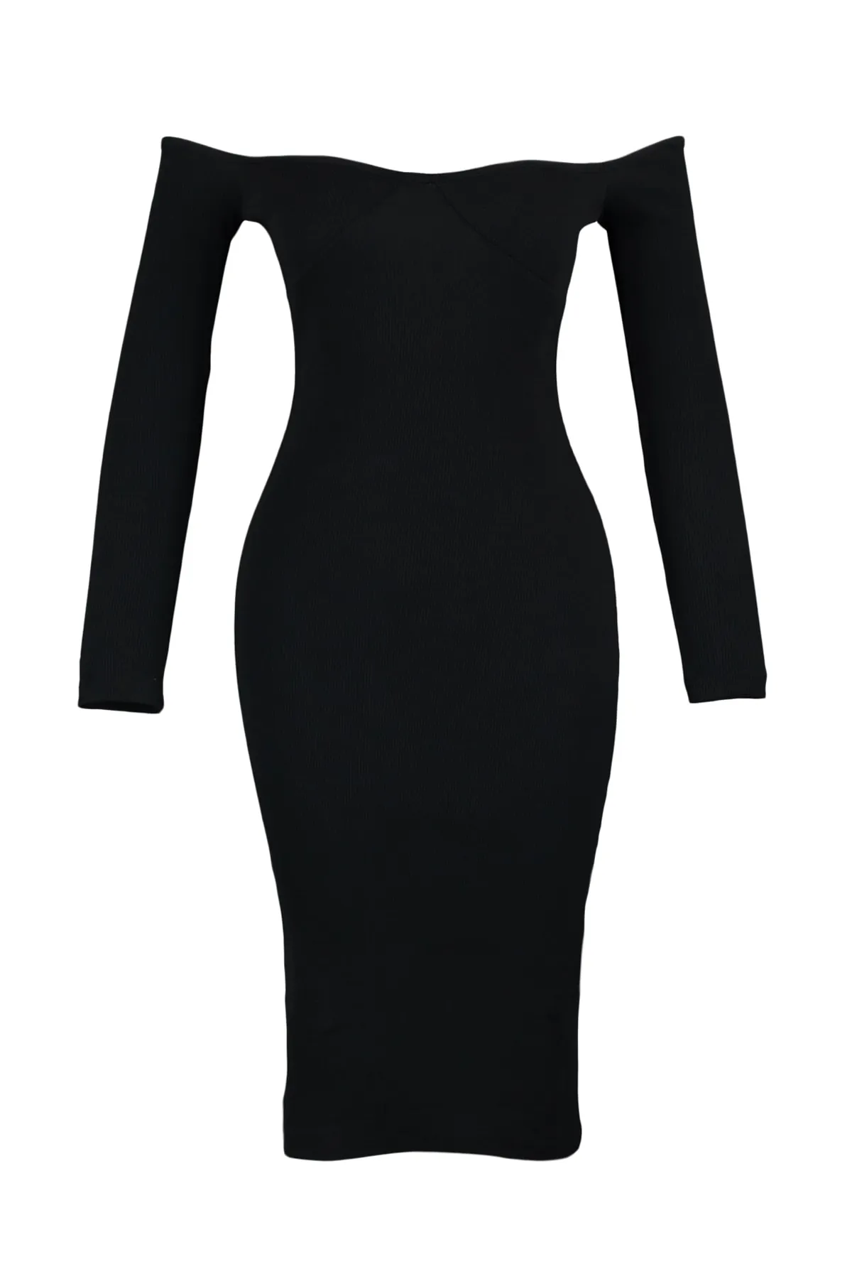 Trendyol Collection  Schwarzes, tailliertes, geripptes, dehnbares Midi-Strickkleid mit herzförmigem Ausschnitt TWOAW23EL00047