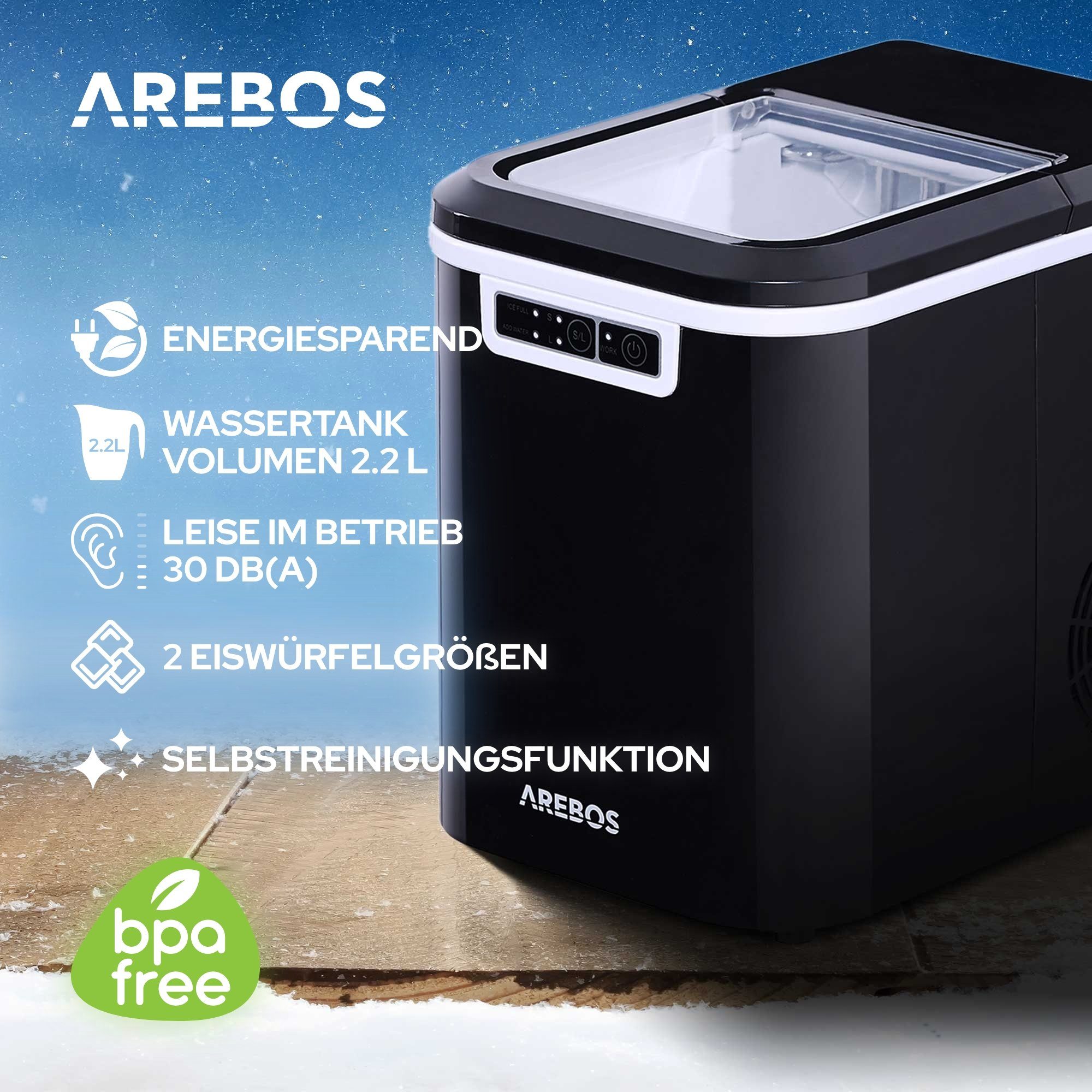 Arebos Eiswürfelmaschine Ice Cube Maker, 12 kg / 24 h, 10-15 Minuten Produktionszeit
