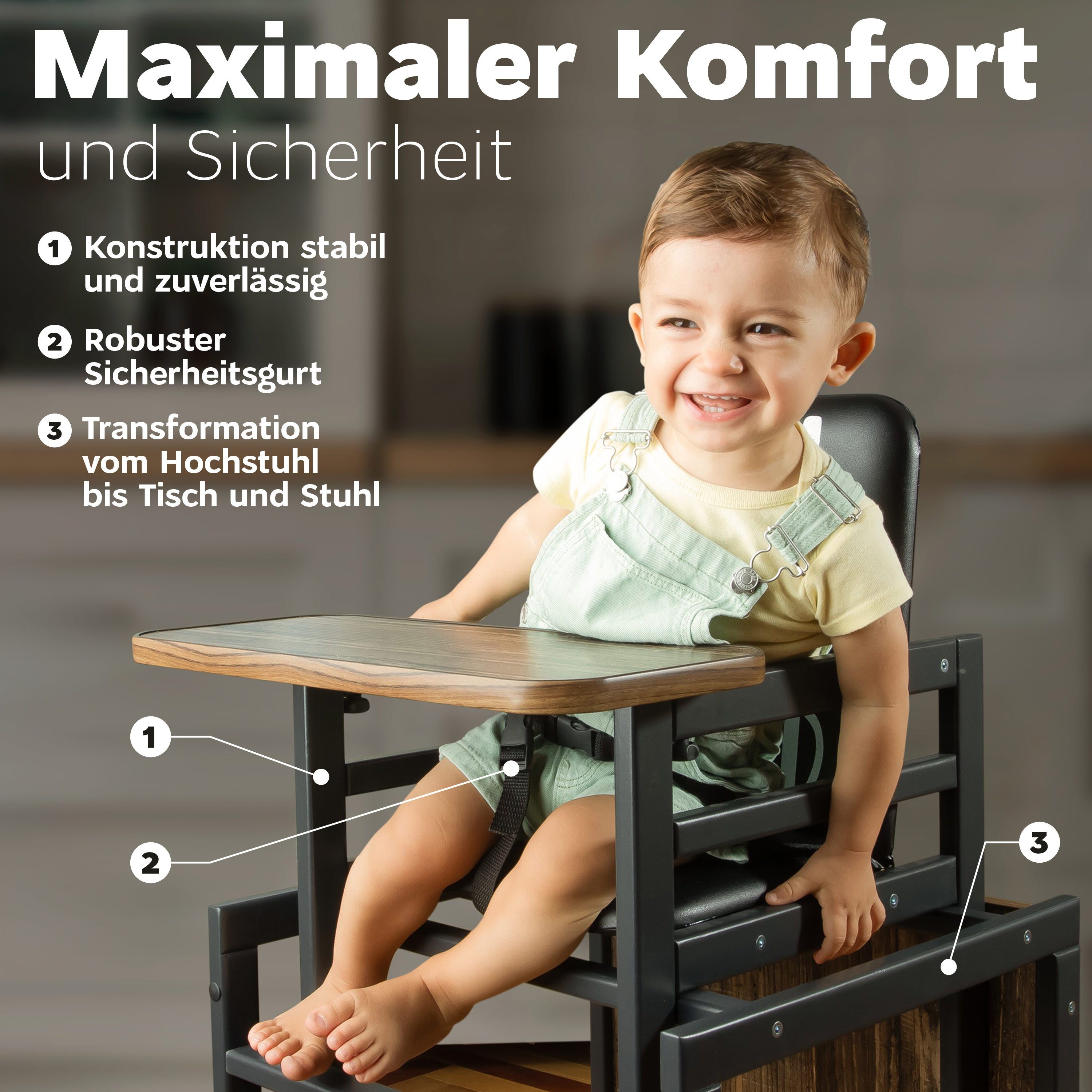 VILHA THE CHILDREN'S FURNITURE FACTORY Kombihochstuhl 2-in-1 Babystuhl aus Holz, Baby Hochstuhl Graphit