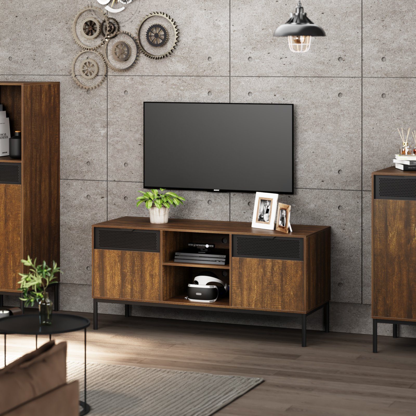 Mondeer Lowboard TV Schrank (TV Lowboard), mit 2 Ausgehöhlten Metalltüren und Verstellbarem Einlegeboden