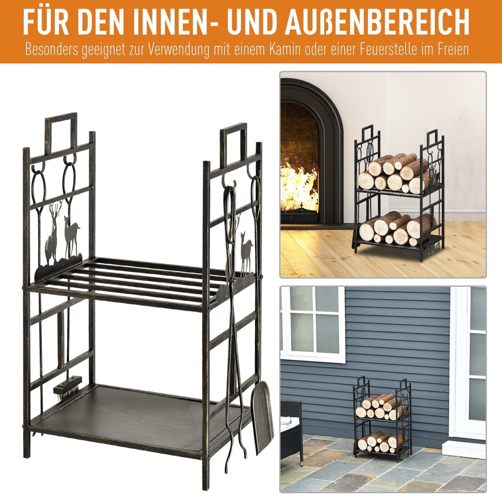 Outsunny Kaminholzregal Kaminholzständer mit Kaminbesteck