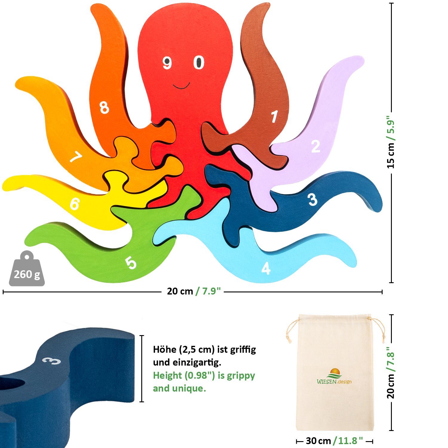 WIESEN.design Lernspielzeug Zahlenpuzzle Kleine Krake, Montessori Spielzeug ab 3 Jahre, Holzpuzzle, DIN EN71 geprüft, Speichel- und schweißfest, gratis Versand