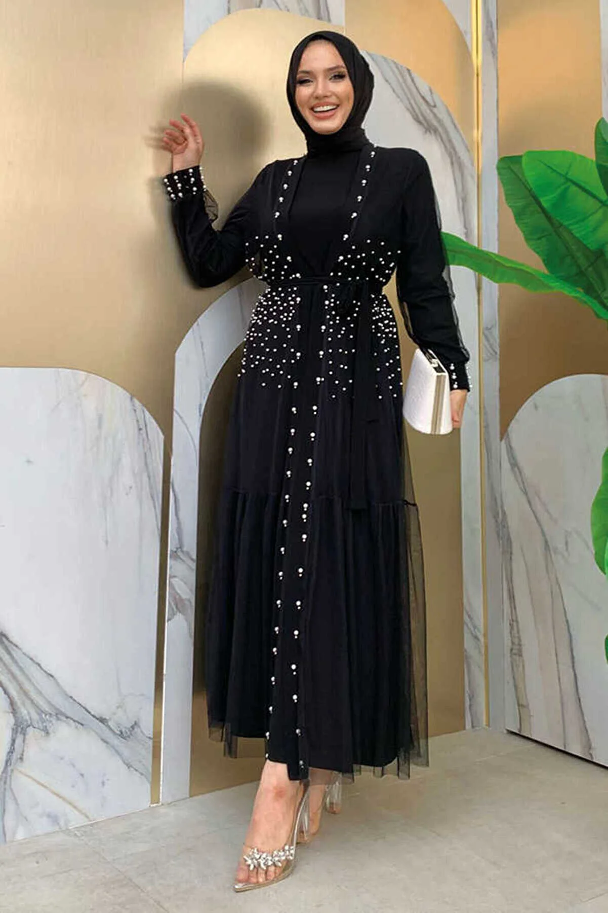 Bym Fashion  Abaya-Kleid aus Tüll mit Perlendetail 8488 Schwarz