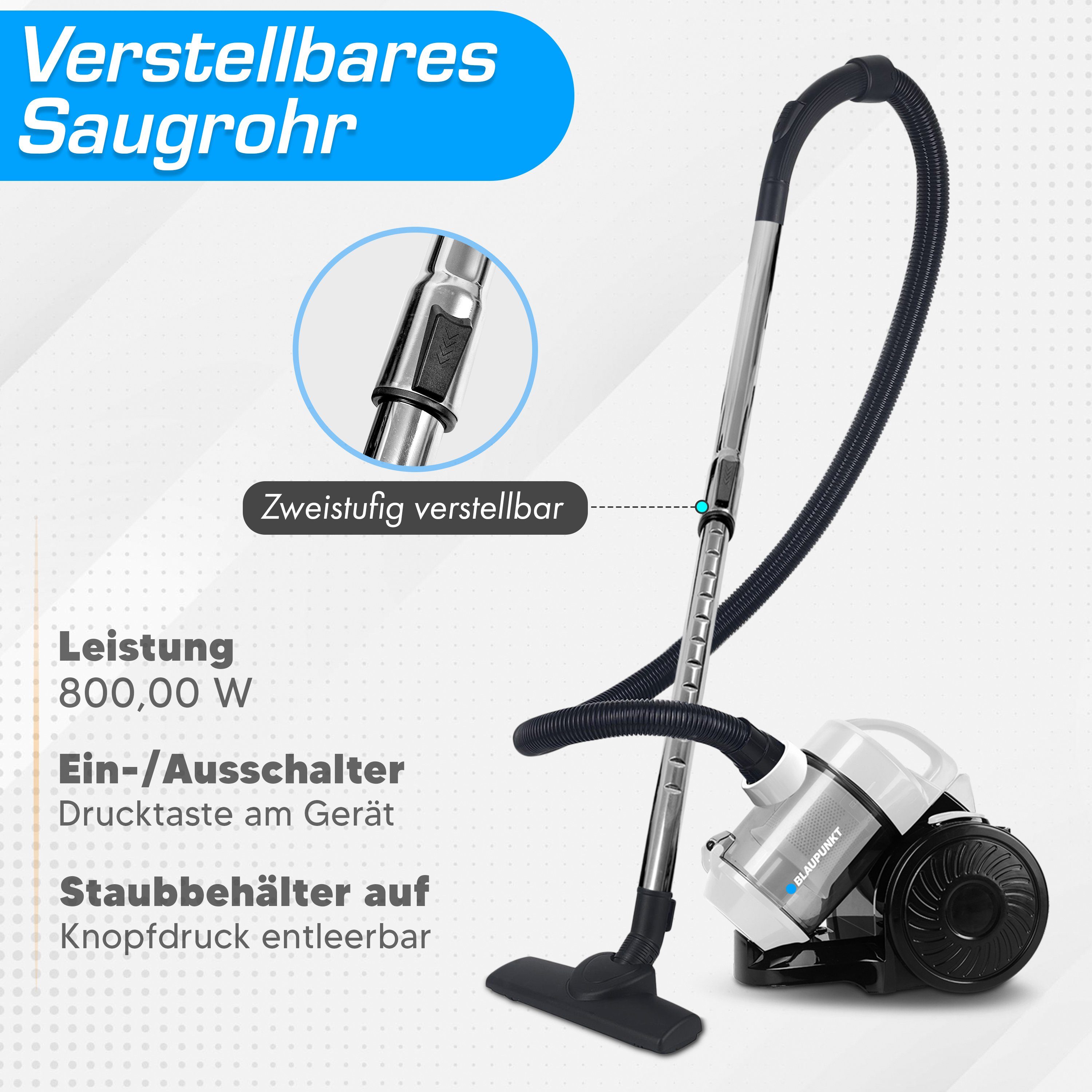 Blaupunkt Zyklon Hybrid Staubsauger MEN789 Zyklon Staubsauger Zyklonstaubsauger extra stark Bodensauger, 800,00 W, beutellos, Beutelloser Sauger, leise, 2 L Fassungsvermögen, Bodenstaubsauger
