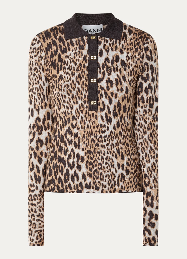 Ganni Fine-knit merino wool sweater with leopard print