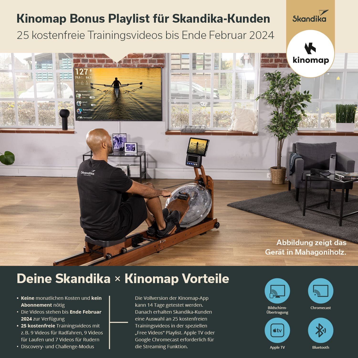 Skandika Rudergerät Nytta Wasserrudergerät für Zuhause, 45° Tank, Holz Rudergerät, klappbar, Kinomap App kompatibel, Buche